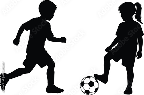 Children playing soccer, silhouette vector, black illustration, active kids, football game, sports activity, teamwork, outdoor fun, competitive moment,
