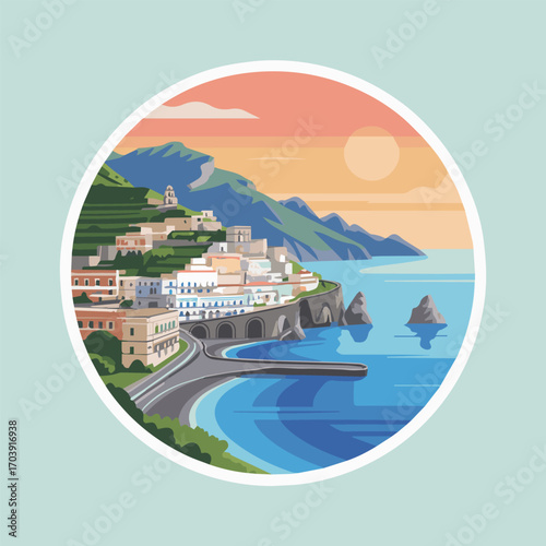 A picturesque coastal town nestled on a hillside, with colorful buildings cascading down to the azure sea, under a warm sunset sky in a vector illustration style