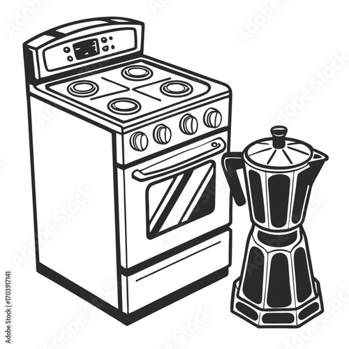 Retro Kitchen Still Life Featuring a Stove and Moka Pot Graphic Illustration