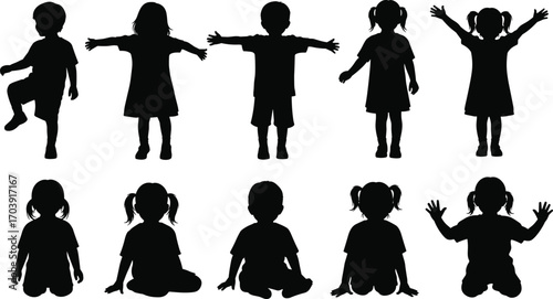 Children silhouettes set, black vector, standing and sitting, raised arms, open arms, pigtails, front and back view, playful pose, simple illustration