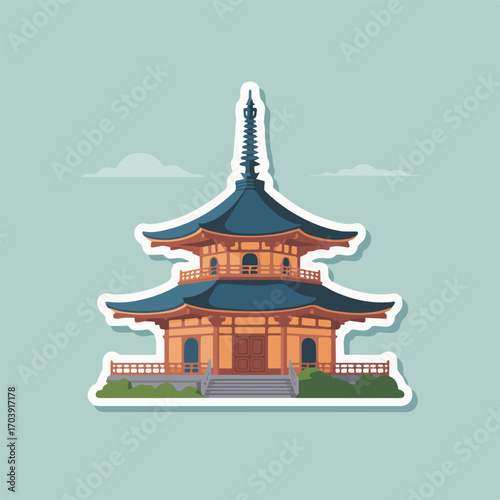A traditional japanese pagoda with intricate details, set against a serene sky in a vector illustration, capturing the essence of asian culture and architectural beauty