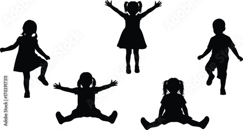 Playful children silhouette set, black vector, girls and boy, raised arms, sitting with outstretched arms, dancing, simplicity, joyful pose, illustration