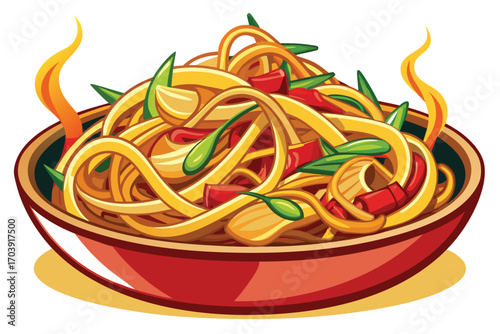 Stylized Bowl of Noodles with Vegetables and Spices A Culinary Delight Artwork Displaying Hot Flavor