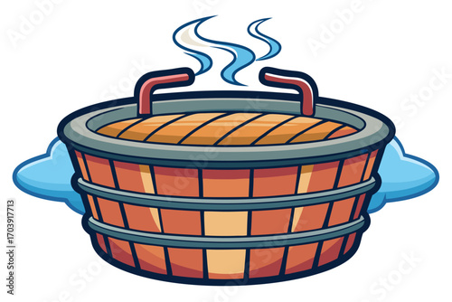 Cartoon Hot Tub Illustration Featuring Steam with Blue Clouds, Creating a Relaxing and Inviting Ambiance for Wellness