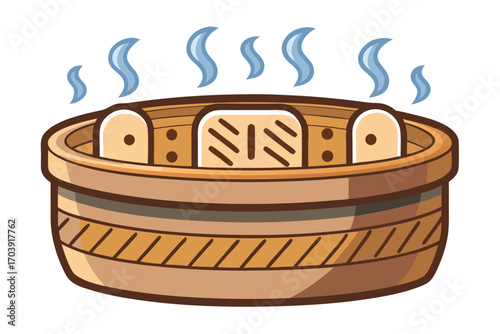 Cartoon Hot Tub Illustration Featuring Steam with Blue Clouds, Creating a Relaxing and Inviting Ambiance for Wellness