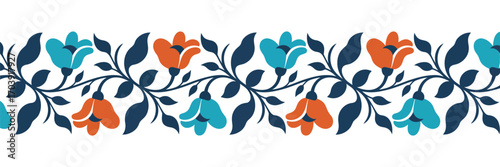 Seamless Flower Garland Border with Orange, Blue, and Turquoise Floral Elements. Vintage Stylized Bindweed Motif for Decorative Pattern, Textile, and Design Projects. Vector Illustration Design.