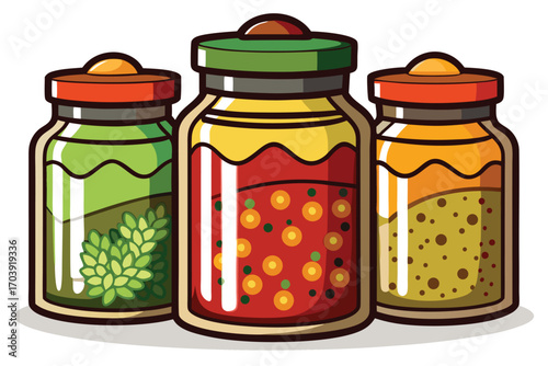 Colorful Cartoon Illustration of Three Spice Jars with Varying Fillings Standing Side By Side on a White Background