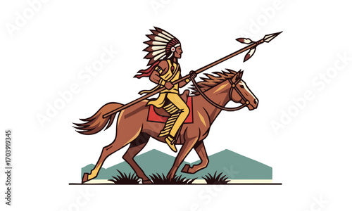 Indian warrior with headdress riding a brown horse holding a spear in a landscape illustration