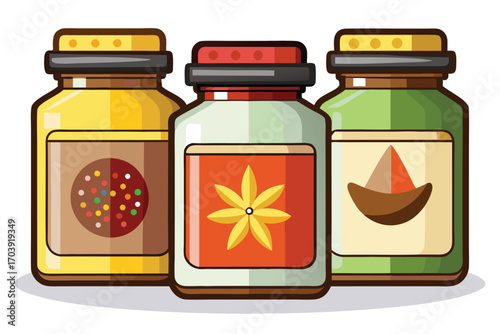 Colorful Cartoon Illustration of Three Spice Jars with Varying Fillings Standing Side By Side on a White Background