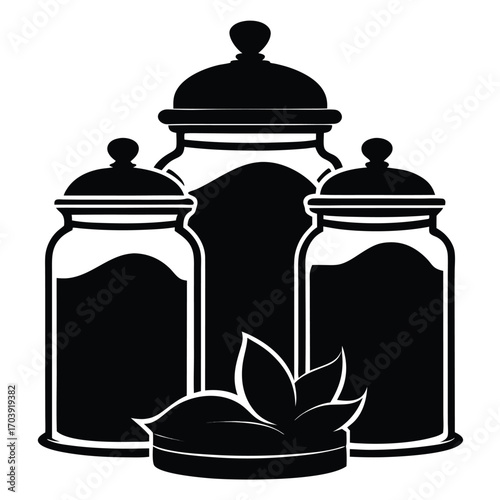 Black and White Illustration of Three Spice Jars with Varying Fillings Standing Side By Side on a White Background