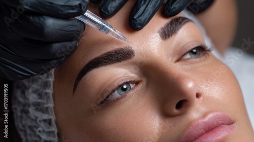 A woman is lying back while a beauty technician performs a microblading procedure on her eyebrows using specialized tools in a modern salon setting.
