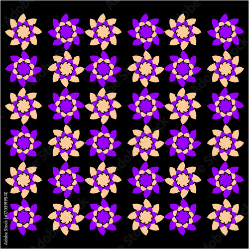 Radiant violet and peach flowers spiral gracefully in rows against a dark backdrop, weaving luminous patterns of elegance, rhythm, and eternal floral harmony.