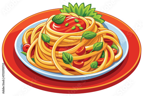 Delicious Plate of Spaghetti with Tomato Sauce, Green Herbs and a Vibrant Aesthetic Presentation, a Culinary Delight