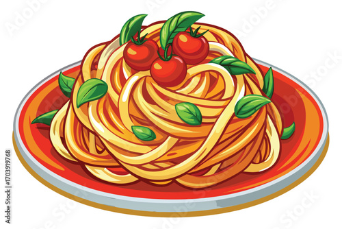 Delicious Plate of Spaghetti with Tomato Sauce, Green Herbs and a Vibrant Aesthetic Presentation, a Culinary Delight