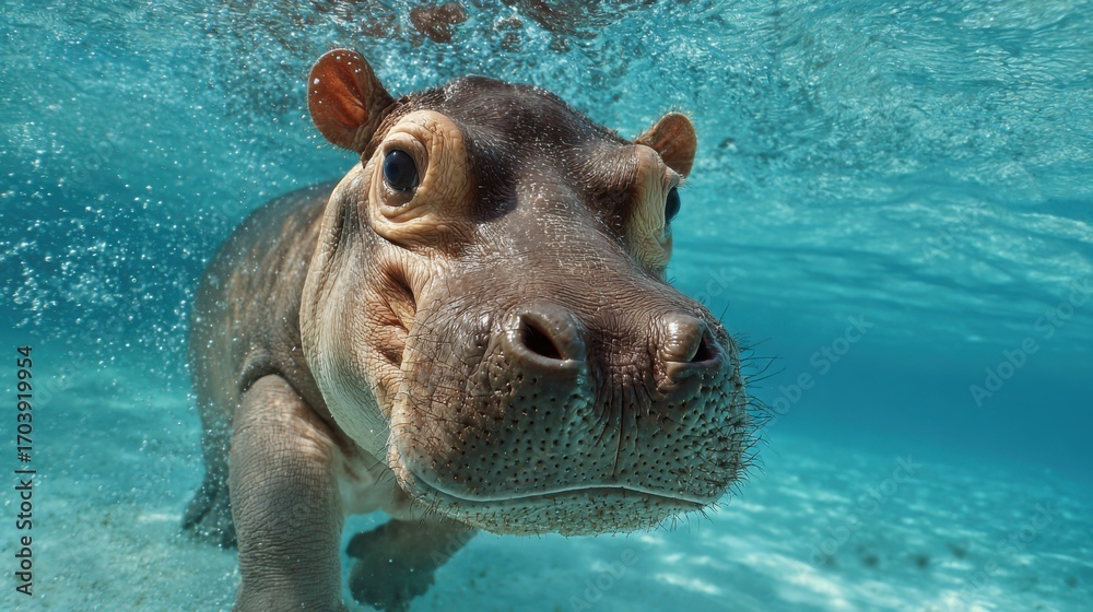 Fototapeta premium A hippopotamus glides through clear turquoise waters, showcasing its inquisitive nature as it explores the surroundings in a vibrant aquatic environment.