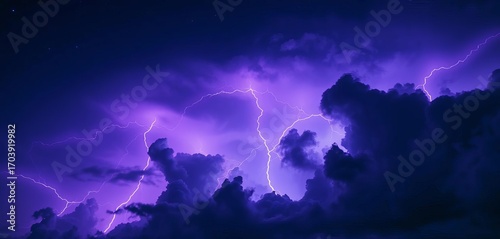 Night sky, vibrant purple and blue, jagged lightning bolts illuminating dark clouds,  purple,  mystical