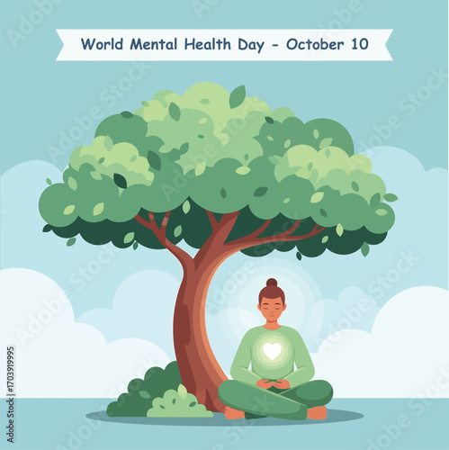 vector illustration of a person meditating in the lotus position under a large tree for a World Mental Health Day concept of mindfulness and nature.