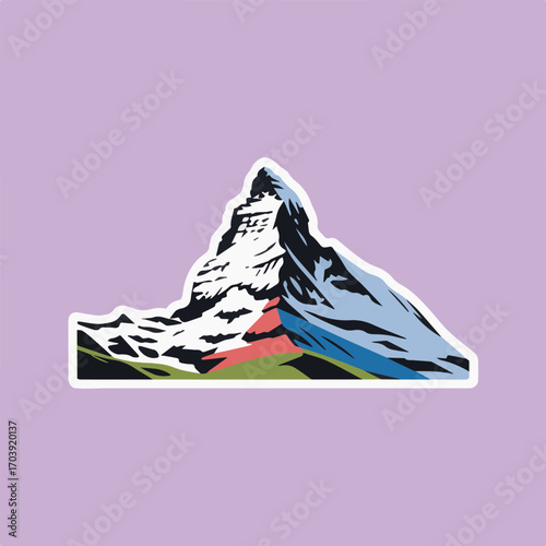 Majestic matterhorn peak sticker, a stunning alpine summit with snowcapped beauty, set against a lavender background, perfect for travel and adventure themes