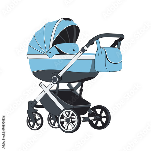 Vector Illustration of Baby Stroller with Rounded Bassinet, Canopy, and Yellow Cushion on White Background