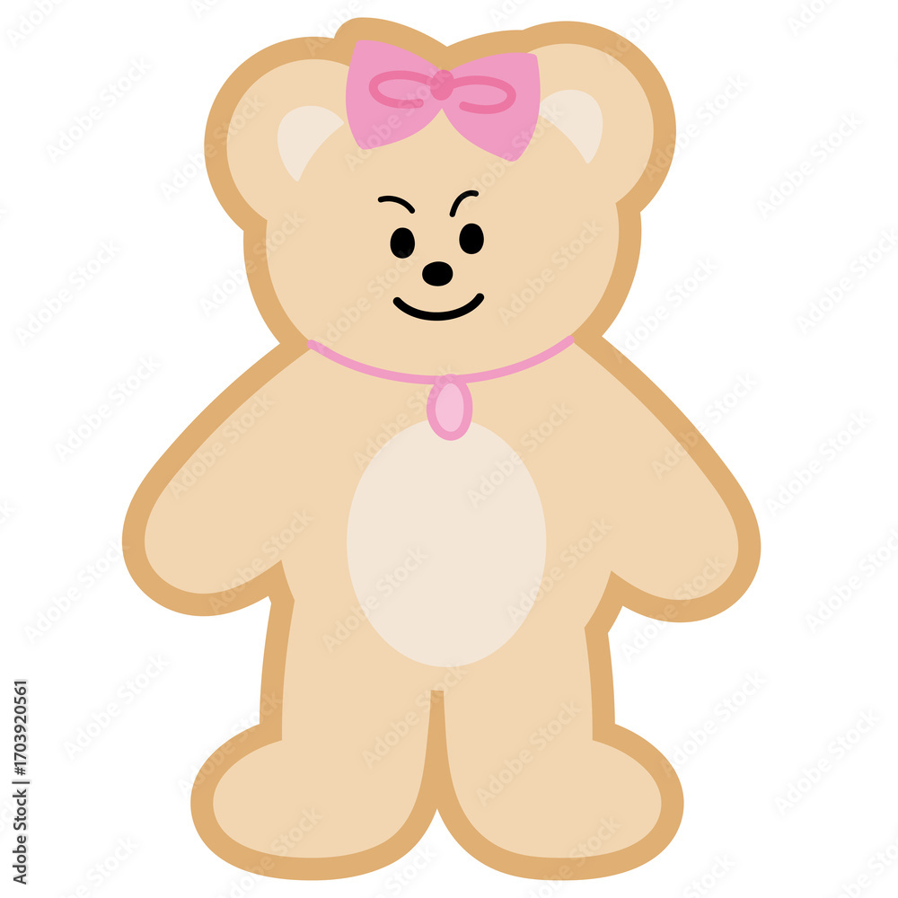 Fototapeta premium Illustration of teddy bear with pink bow for costume, accessory, Christmas, new year, festive winter season, cartoon character, comic, mascot, standee, sticker, patch, zoo, souvenir shop, expression