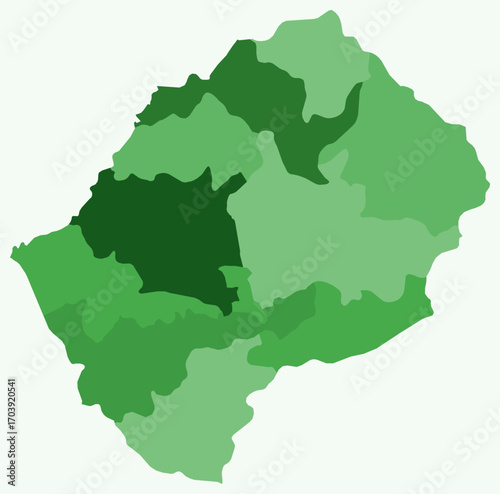 Map of Lesotho with regions. Just a simple country border map with region division. Green color palette. Plain Kingdom of Lesotho shape with administrative division. Vector illustration.