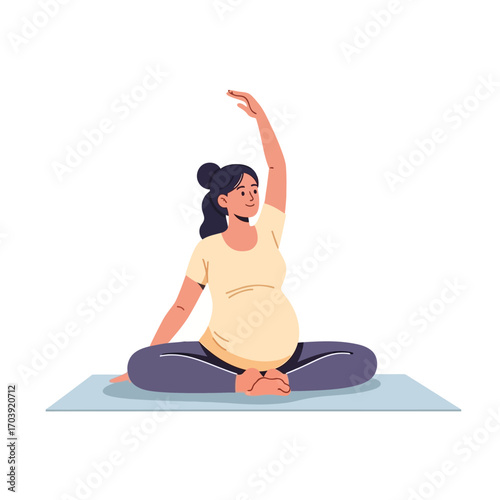 Vector Illustration of Pregnant Person Practicing Seated Spinal Twist Yoga Pose in Blue Athletic Outfit