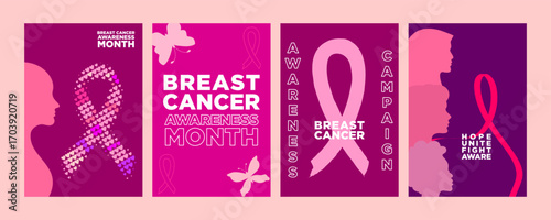 Breast Cancer Awareness Month posters set with pink ribbon, butterflies, and woman silhouettes for social media campaigns, posters, banners, hospitals and clinics digital awareness ads, and more.