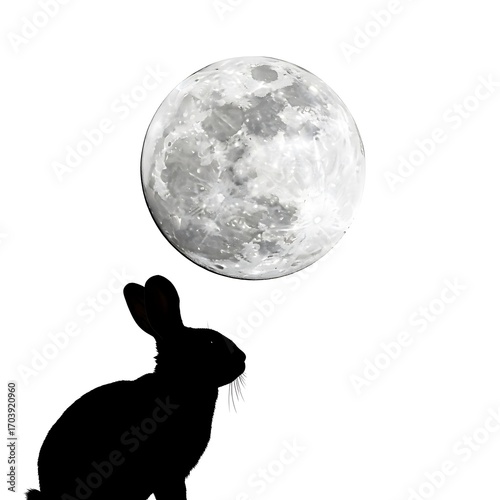 A captivating silhouette of a rabbit gazes towards a detailed, full moon against a stark white background.