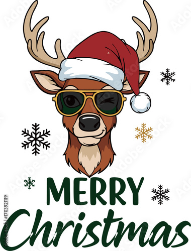Cool and cheerful reindeer character wearing a festive holiday hat and stylish sunglasses, surrounded by sparkling snowflakes, perfect for seasonal designs and joyful Christmas greetings
