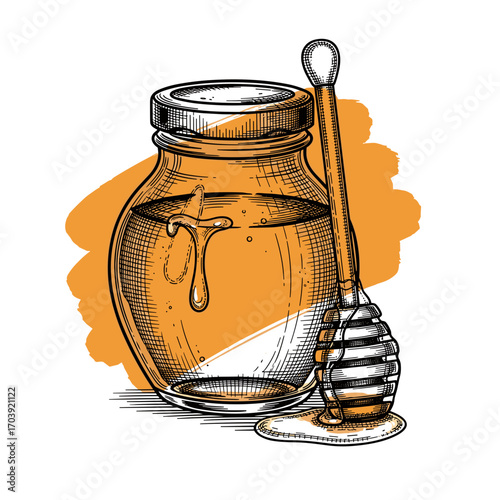 Black and white engraving sketch of honey jar with dipper on yellow brush stroke, isolated on white background, vintage etching vector illustration for kitchen and sweet food design