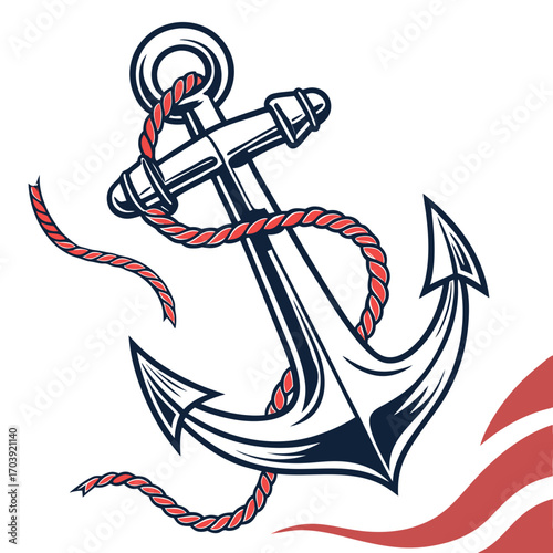 Nautical Anchor Emblem with Red Rope, Marine Adventure Symbol