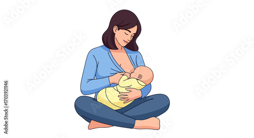 Vector Illustration of Mother Breastfeeding Baby in Seated Position, Depicting Nurturing and Infant Care