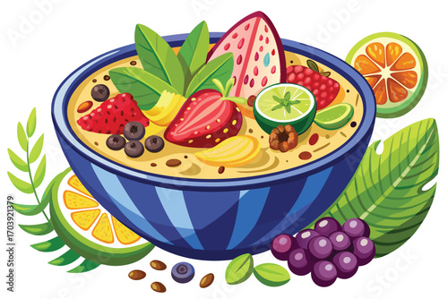 Whimsical Fruit Bowl Illustration Abundant with Berries, Strawberries, Kiwi and Creamy Topping, Creating a Delicious and Colorful Vegan Treat