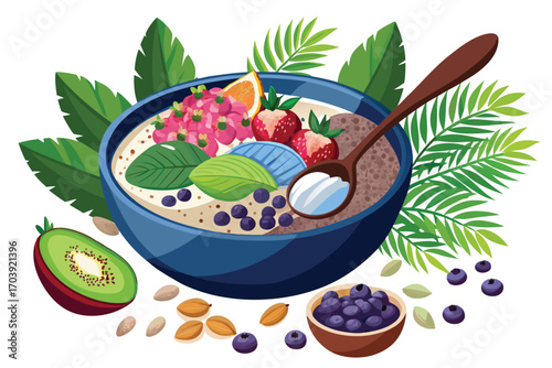Whimsical Fruit Bowl Illustration Abundant with Berries, Strawberries, Kiwi and Creamy Topping, Creating a Delicious and Colorful Vegan Treat