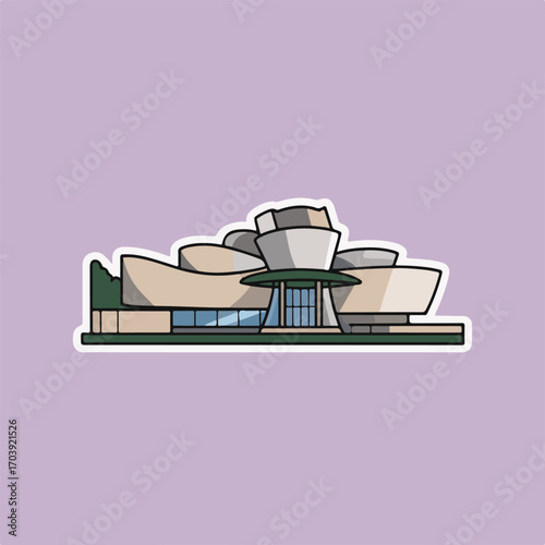 Guggenheim museum sticker illustration with architectural design, showcasing the iconic building in bilbao, spain, in a minimalist style with clean lines and modern aesthetics
