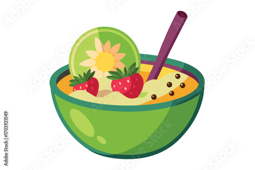Colorful Bowl of Strawberry Banana Soup with a Spoon, Adorned with Leaves, a Delicious and Refreshing Dessert