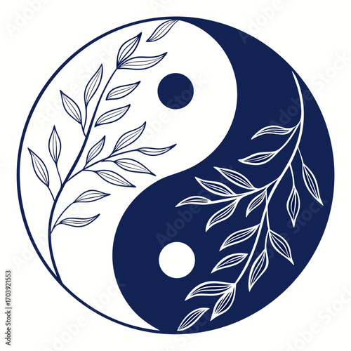 Yin Yang Symbol with Botanical Leaves, Balance and Harmony Illustration