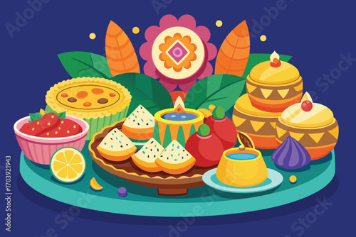 Vector art of diwali sweets and snacks arrangement on tray with flower and leaves against dark blue background