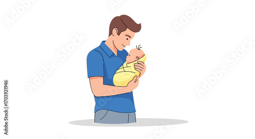 Vector Illustration of Father Holding Baby in Yellow Onesie with Gentle Expression and Bonding Moment