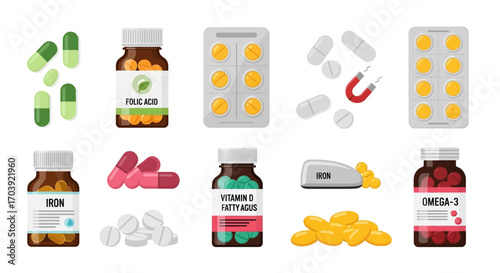 Vector Illustration of Pregnancy Medication and Supplement Bottles with Capsules, Tablets, and Blister Packs