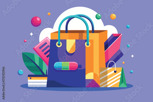 Vector art of colorful shopping bags with different shapes and sizes for carrying goods and items from a store