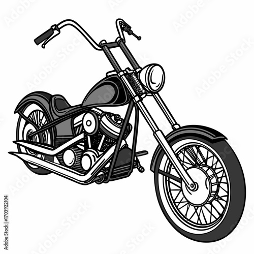 Classic black and white illustration of a custom chopper motorcycle with chrome accents and a sleek design on a white background