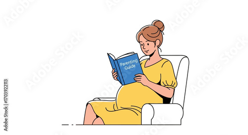 Vector Illustration of Pregnant Person Reading Marketing Book While Seated in Loose Dress
