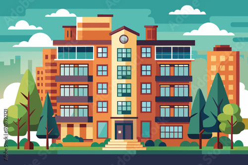 Vector art of a modern apartment building with balconies and a clock tower surrounded by trees and other buildings in a city