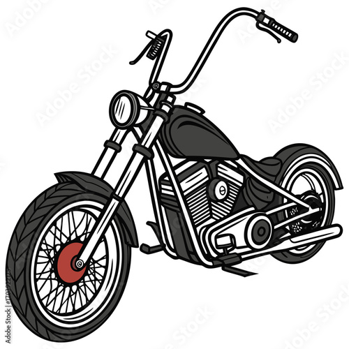 Stylized illustration of a classic black chopper motorcycle with ape hanger handlebars and a red hub on the front wheel against a white background