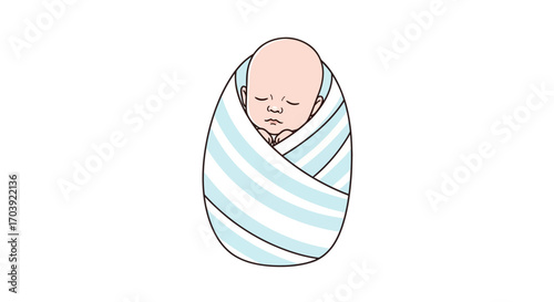Vector Illustration of Sleeping Baby Wrapped in Blue and White Striped Swaddle Blanket