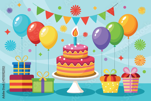 Vector art of a birthday cake with balloons and gifts on a blue background in a flat design style for a celebration