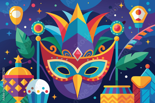 Vector art of a festive illustration of a carnival mask surrounded by decorations and sweets in vibrant colors