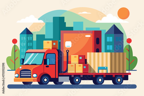 Vector art of a vibrant illustration of a delivery truck transporting goods against a cityscape backdrop in bright colors