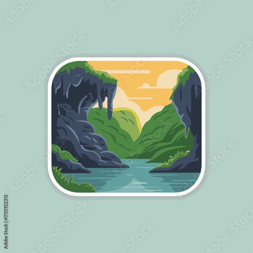 A captivating sticker illustration of the scenic li river in guilin, china, showcasing its unique landscape against a soft yellow backdrop, sticker style